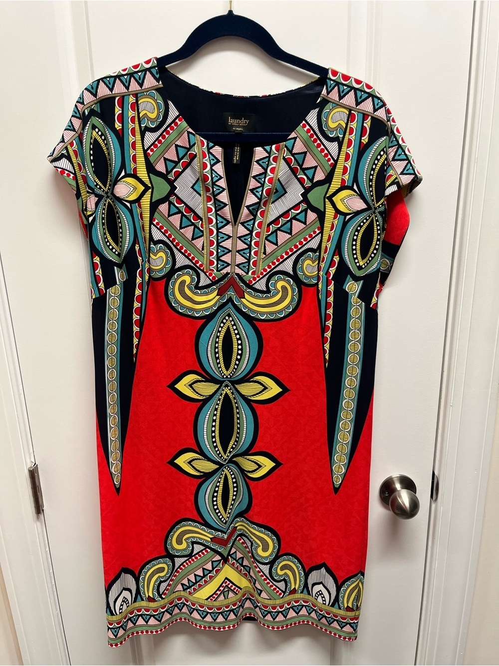Laundry by Shelli Segal Red Geometric Tribal V-Neck Shift Dress L
